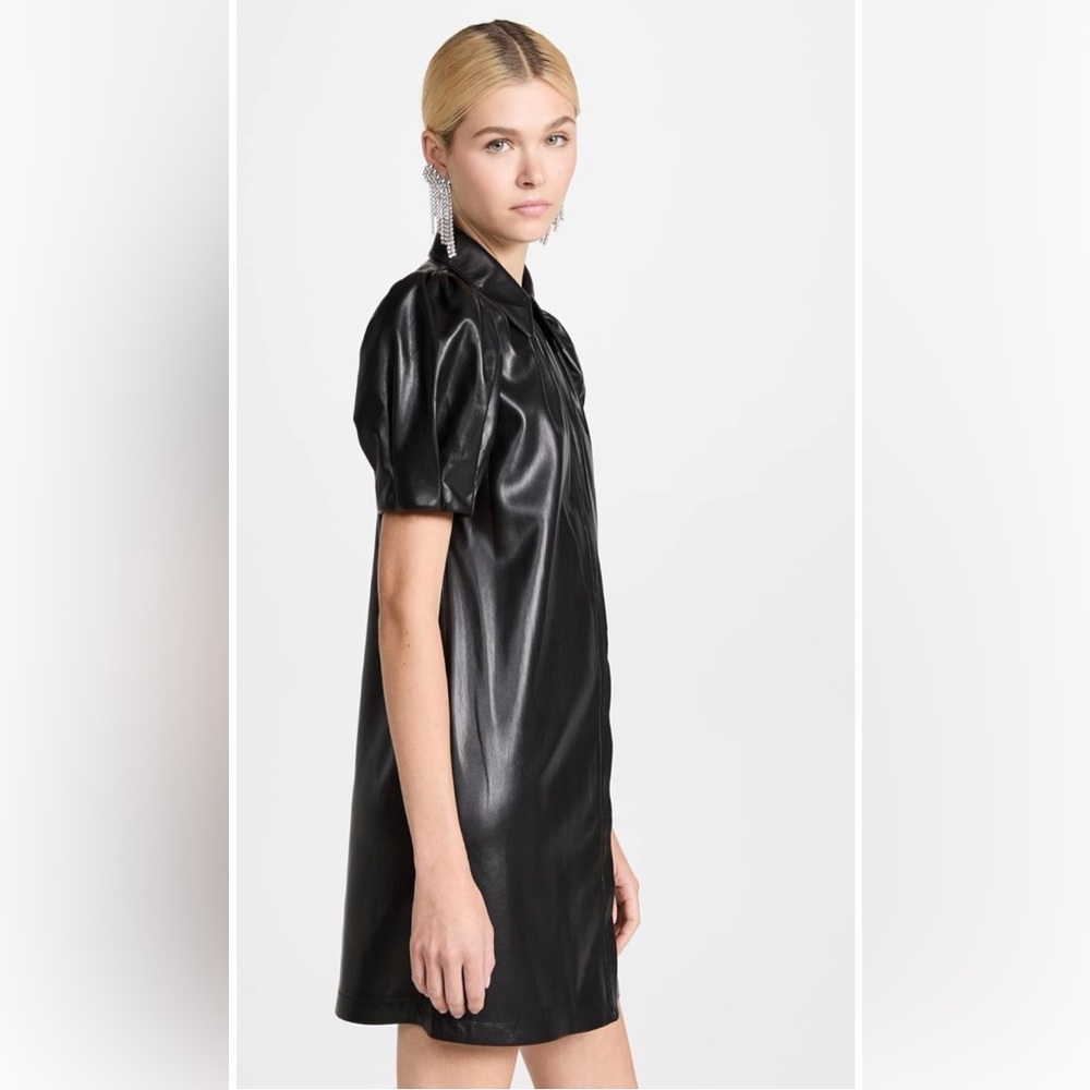 Alice + Olivia Black Jen Vegan Leather Puff-Sleeve Shirt Dress. Size XL - Picture 5 of 14